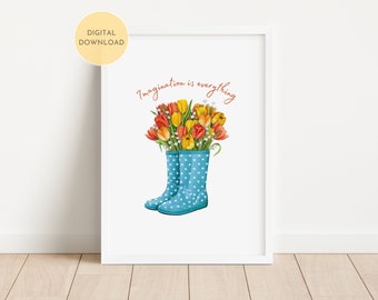 Impresión "La imaginación lo es todo", lindas botas de lluvia imprimibles, decoración de jardín, póster de pared con botas, dormitorio infantil colorido, descarga digital