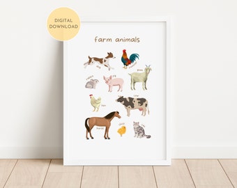 Farm Animals Educational Print, Nursery learning poster, Toddler Playroom Decor, Classroom Home School Wall Art, DIGITAL DOWNLOAD