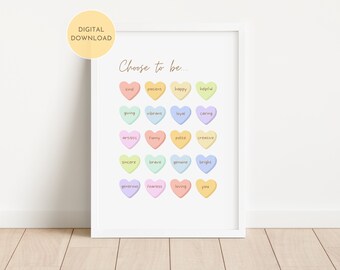 Positive Colorful Hearts Print, Girl BedRoom Wall Art, Kids Affirmations, Pastel Cute Decor Printable, DIGITAL DOWNLOAD