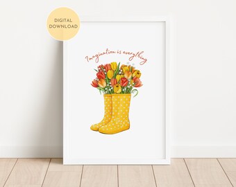 Impresión "La imaginación lo es todo", lindas botas de lluvia imprimibles, decoración de jardín, póster de pared con botas, dormitorio infantil colorido, descarga digital