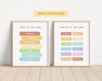 Conjunto de 2 pôsteres educativos com os dias da semana e os meses do ano, para sala de aula, ensino domiciliar e decoração de parede. Material para impressão e download digital.