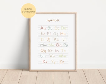 Impresión educativa del alfabeto, decoración de sala de juegos con arcoíris, arte mural para el aula, imprimible del alfabeto Montessori, descarga digital