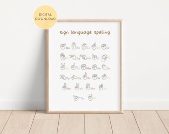 Impresión educativa de ortografía en lenguaje de señas, decoración de sala de juegos con arcoíris, arte de pared para el aula de niños pequeños, señas, descarga digital