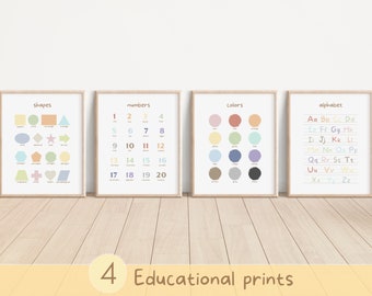 May include: Four educational prints for children. The prints are in a light wood frame and feature colorful illustrations of shapes, numbers, colors, and the alphabet. The prints are perfect for a child's bedroom or playroom.