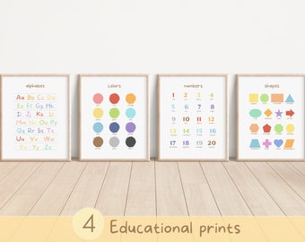 May include: Four educational prints in white frames on a wooden floor. The prints feature colorful illustrations of the alphabet, colors, numbers 1-20, and basic shapes.