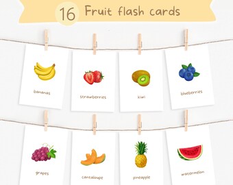 16 tarjetas didácticas de frutas, herramientas de aprendizaje para niños pequeños y niños pequeños, láminas, educación en el hogar, tarjetas didácticas sobre alimentación, descarga digital