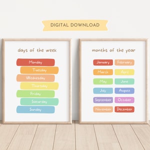 Set of 2 - Days Of The Week + Months Of The Year Educational Prints, Classroom HomeSchool Wall Art, Learning Printable, DIGITAL DOWNLOAD