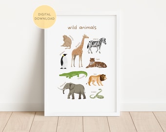 Wild Animals Educational Print, Toddler learning poster, Nursery Playroom Decor, Classroom Home School Wall Art, DIGITAL DOWNLOAD