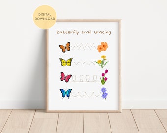 Impresión de seguimiento de mariposas, actividad de aprendizaje, página de juegos educativos, actividad de arte imprimible para el aula, el hogar y la escuela, descarga digital