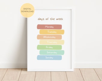 Lámina educativa de los días de la semana, decoración para el aula, arte mural para el hogar y la escuela, imprimible para aprendizaje temprano, descarga digital