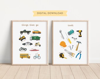 Juego de 2 láminas educativas de herramientas y vehículos, pósteres de aprendizaje, decoración de pared para aulas de juegos y educación en casa, sala de juegos para niños, descarga digital