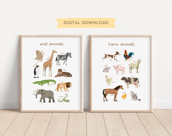 Set van 2 educatieve prints wilde dieren en boerderijdieren, kleurrijk decor kinderkamer, speelkamer, klaslokaal thuisschool kunst aan de muur, digitale DOWNLOAD
