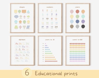 May include: Six educational printable posters for children. The posters feature colorful illustrations of shapes, numbers, the alphabet, colors, and counting to 10 and 100.