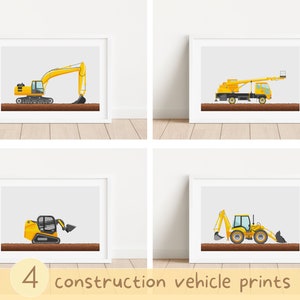 May include: Four printable illustrations of yellow construction vehicles on a white background. The vehicles include an excavator, a crane truck, a skid steer loader, and a backhoe.