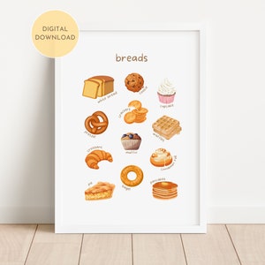 Cartel educativo de pan, impresión de aprendizaje de alimentos, horneado para niños, sala de juegos, aula, hogar, guardería, decoración de arte de pared, DESCARGA DIGITAL