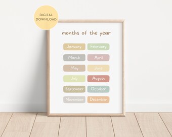 Lámina educativa de los meses del año, decoración para el aula, arte mural para el hogar y la escuela, imprimible para aprendizaje temprano, descarga digital