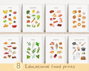 Juego de 8 láminas educativas de comida, cocina de juguete, lámina de aprendizaje de alimentos, decoración de pared para el aula, el hogar y la escuela, descarga digital