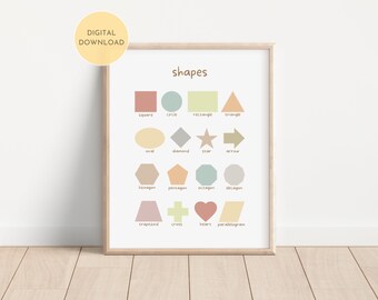 Impresión educativa de formas, decoración de sala de juegos con colores apagados, arte mural para el aula, póster imprimible Montessori, descarga digital