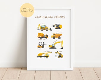 Impresión educativa de vehículos de construcción, póster de aprendizaje de transporte, decoración de pared para aulas de juegos y educación en casa, descarga digital