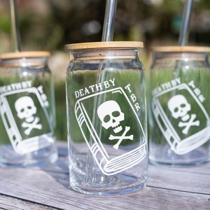 Death by TBR 16 oz Libbey Beer Can Iced Coffee Glass, Bookworm gift, Book Club Party Favors, Bookish Accessory, Book Tok Merch, Skull