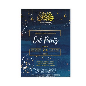 Puede incluir: Una invitaci&oacute;n a una fiesta de Eid Mubarak de color azul y dorado con un dise&ntilde;o de luna creciente y estrellas. La invitaci&oacute;n incluye la fecha y la hora de la fiesta, el nombre y la direcci&oacute;n del anfitri&oacute;n, y un mensaje deseando a los invitados un Eid bendito.