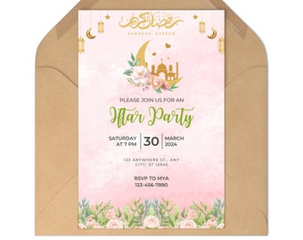 May include: Pink and gold Ramadan Iftar party invitation with a crescent moon, mosque, and floral design. The text reads "Ramadan Kareem" and "Please join us for an Iftar Party". The date is Saturday, March 30, 2024 at 7 PM. RSVP to MYA at 123-456-7890.