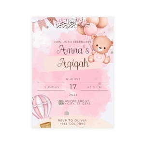 Aqiqah | Invitation d'anniversaire | Téléchargement numérique | Musulman, Islamique | Naissance de bébé fille, virtuel, personnalisé, personnalisable, arabe, premier anniversaire