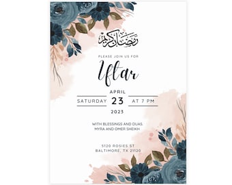May include: An invitation to an Iftar dinner with a watercolor background featuring blue and brown floral designs. The invitation reads "Please join us for Iftar, Saturday April 23 at 7 PM, 2023, with blessings and duas, Myra and Omer Sheikh, 5120 Rosies St, Baltimore, TX 21120."