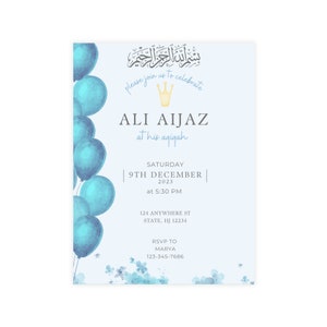 Aqiqah / Primera invitación de cumpleaños / Descarga digital / Nacimiento de un niño musulmán, virtual, personalizado, invitación Aqeeqah, árabe Bismillah Islam