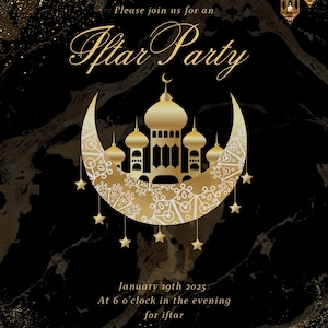 Op de afbeelding: Een gouden en witte uitnodiging voor een Iftar-feest met een ontwerp van een halve maan en een moskee. De tekst luidt "Ramadan Kareem" en "Sluit je aan bij ons voor een Iftar-feest". De datum is 19 januari 2025, om 18:00 uur. Het adres is 8712 Melissa Lilian CT, Nottingham, MD 21236.