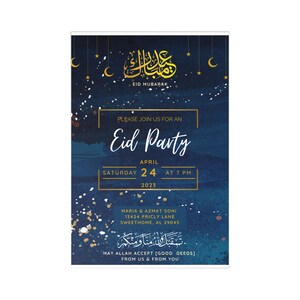 Puede incluir: Una invitaci&oacute;n a una fiesta de Eid Mubarak azul y dorada con una luna creciente dorada y estrellas. La invitaci&oacute;n incluye la fecha y la hora de la fiesta, la direcci&oacute;n y un mensaje deseando a los invitados un feliz Eid.