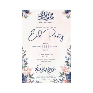 Puede incluir: Una invitación a una fiesta de Eid con un diseño floral rosa claro y azul. El texto "Eid Party" está escrito en una fuente cursiva. La invitación incluye la fecha, la hora y la ubicación de la fiesta, así como un contacto para RSVP. El texto "Que Alá SWT acepte [buenas acciones] de nosotros y de ustedes" está escrito en árabe.
