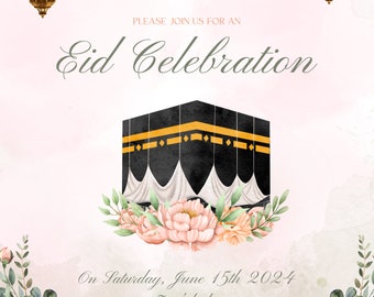 Peut inclure: Une invitation à une célébration de l'Aïd avec un design floral rose et blanc. L'invitation présente une illustration aquarelle de la Kaaba, une mosquée, et un texte qui dit "Eid Al Adha Mubarak" et "السلام عليكم". L'invitation comprend également la date et l'heure de l'événement, l'adresse et les informations RSVP.