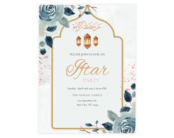 May include: An invitation to an Iftar party with a blue and gold floral design. The invitation includes the text "PLEASE JOIN US FOR AN Iftar PARTY", "Sunday, April 9th 2023 | 06.00 PM", "THE SOHAIL FAMILY", "123 Anywhere St.", and "Any City, ST 12345".