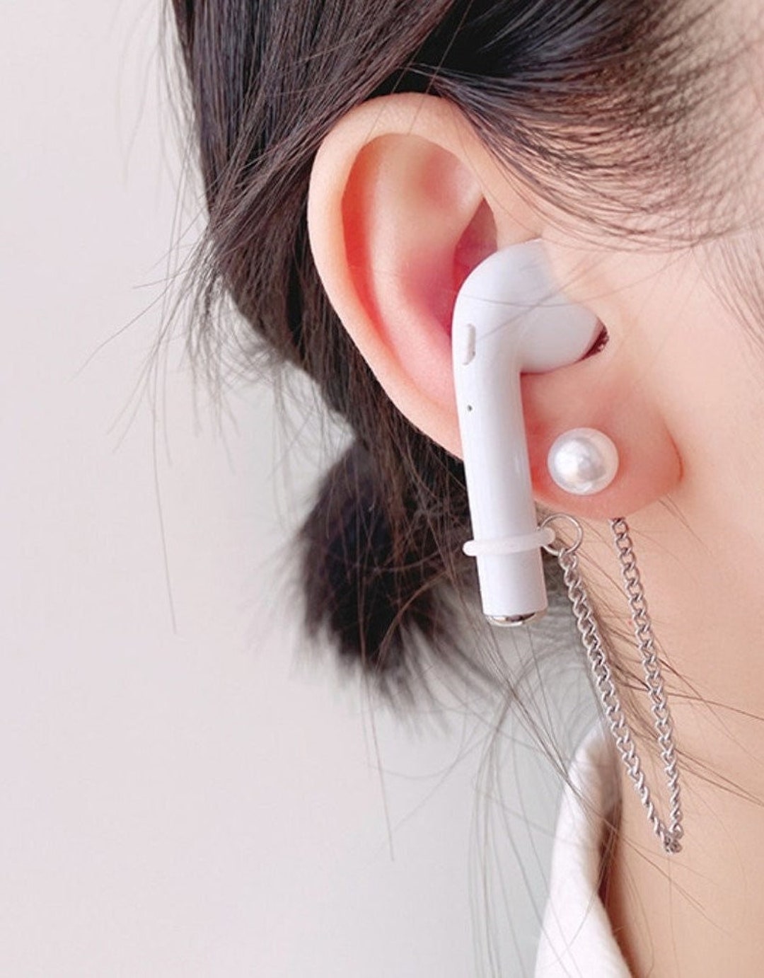Airpods Safety Chain Earrings, Pearl Holder Earrings, Silver Dangle