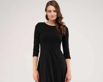 Australian Luxurious Superfine Merino Wool Black Stephanie Dress , Fit and Flare Black Wool Dress, All Seasons A Line Black Dress