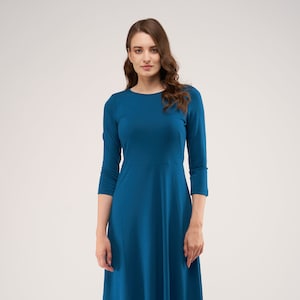 Australisches luxuriöses superfeines Merinowolle Teal Stephanie Kleid, Fit and Flare Blaues Merinowollkleid, alle Jahreszeiten A-Linie Wollkleid