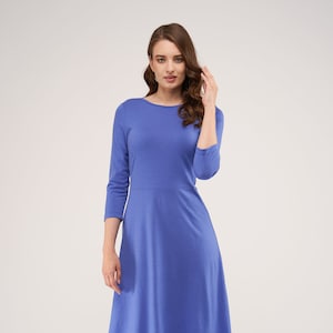 Australian Luxurious Superfine Merino Wool Wisteria Stephanie Dress , Fit and Flare Blue Wool Dress, All Seasons A Line Blue Wool Dress
