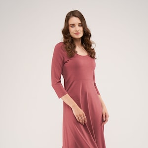 Australian Luxurious Superfine Merino Wool Rosewood  Sophie Dress, Jersey Merino Wool Midi Dress,  Pink Wool Dress, Merino Wool Dress