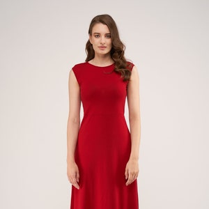 Australische luxe superfijne merinowol rode Kate Jersey jurk, merinowol jurk van Merinnamorata, Australische merinowol jurk