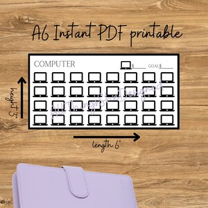 May include: A black and white printable A6 planner page with a computer theme. The page is 6 inches long and 5 inches high. It has 42 computer icons and the words "COMPUTER" and "GOAL$".
