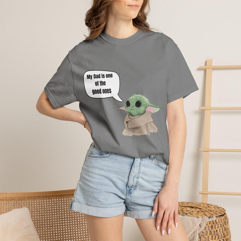 Baby Yoda (Grogu) Saying "My Dad is one of the good ones" T-shirt image 1