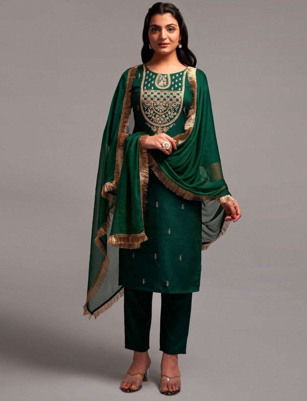 Green Salwar Suit in Rayon with Diamond Work