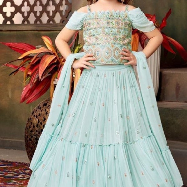 Kids Dress, Indian Kids Girl Dress, Lehenga Choli for Kids Girls, Lehenga Choli, Girl's Taffeta Satin, Semi-Stitched Girl's Lehenga Choli