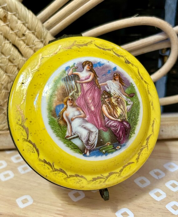 Yellow Hand Painted Goddess Trinket Box Marked Ja… - image 1