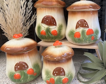 Vintage Arnels Set Of Four Hand Painted Ceramic Mushroom Canisters See Photos