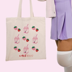 Strawberry Milk Tote Ichigo Milk Bag Kawaii Canvas  bag Japanese Shopping Tote
