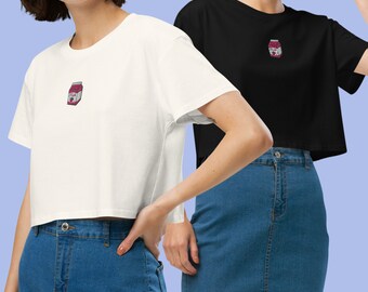 Embroidered Strawberry Milk Crop Top: Kawaii Y2K Fashion