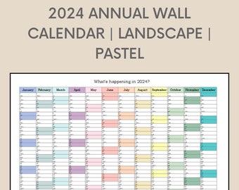 2024 Wall Calendar - Printable Planner in Pastel Colours - Digital Download - Monthly View