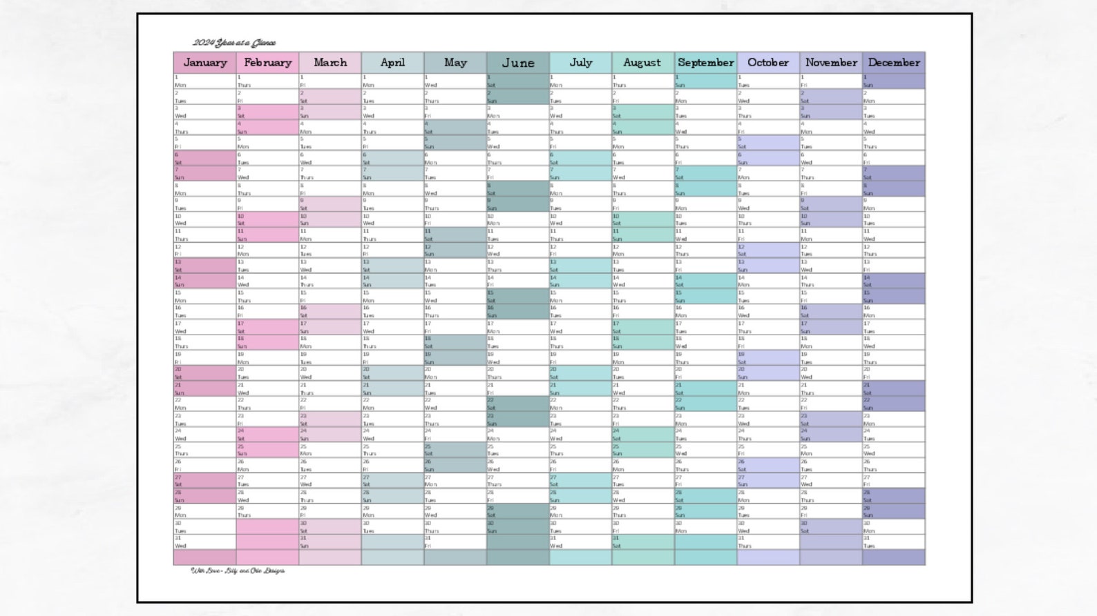 2024 Printable Wall Calendar landscape in Cool Pastel Colours Digital